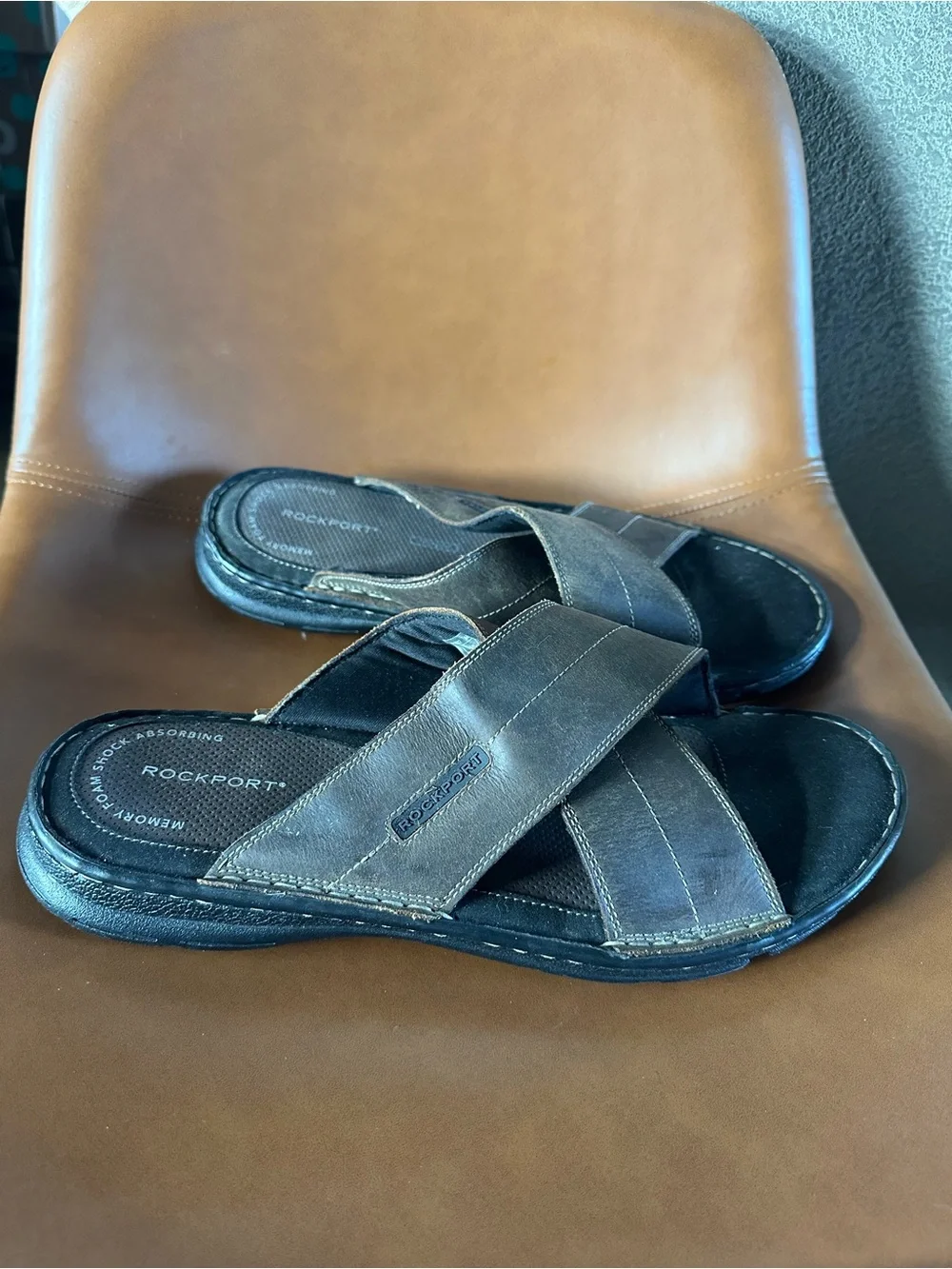 Rockport Mens Darwyn Cross Band Slide Leather Sandals BX2032 Size 11 Memory Foam
